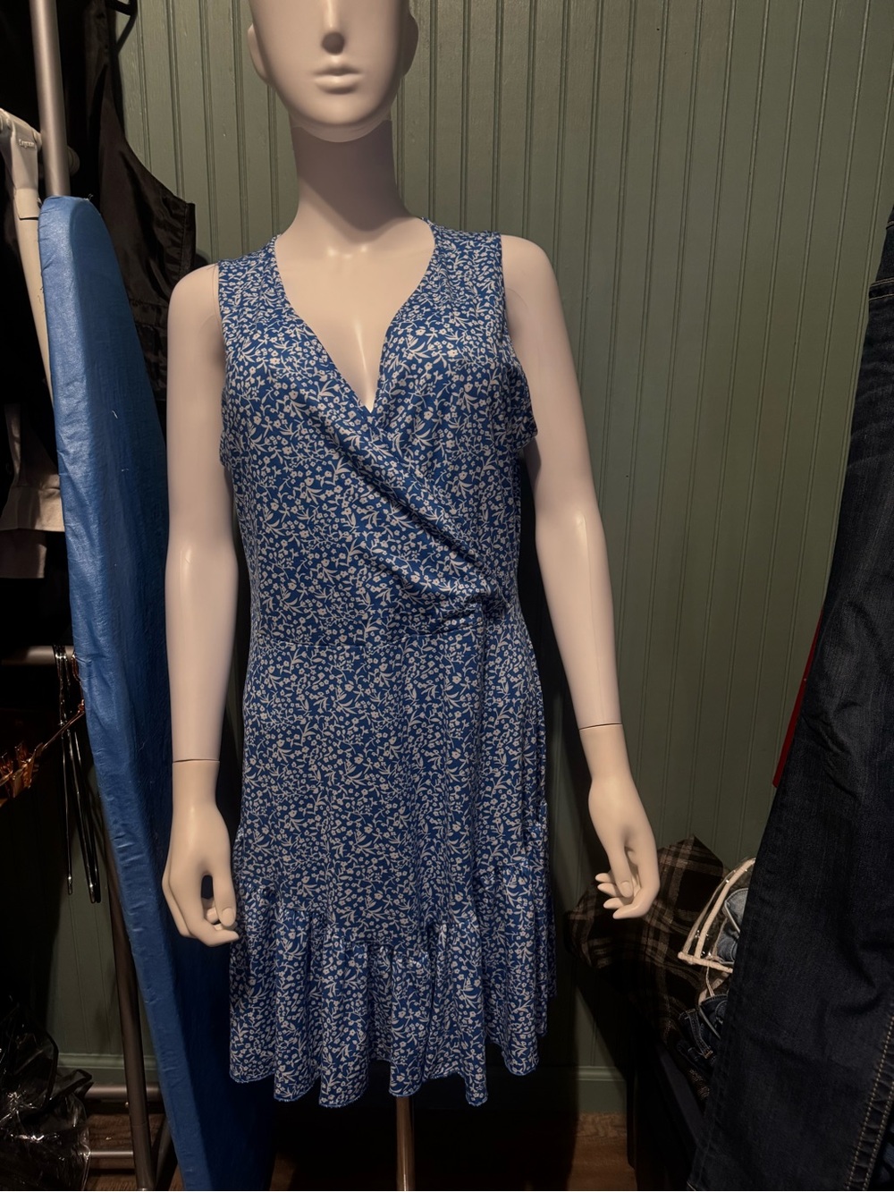 Blue Floral Wrap-Style Sleeveless Mini Dress